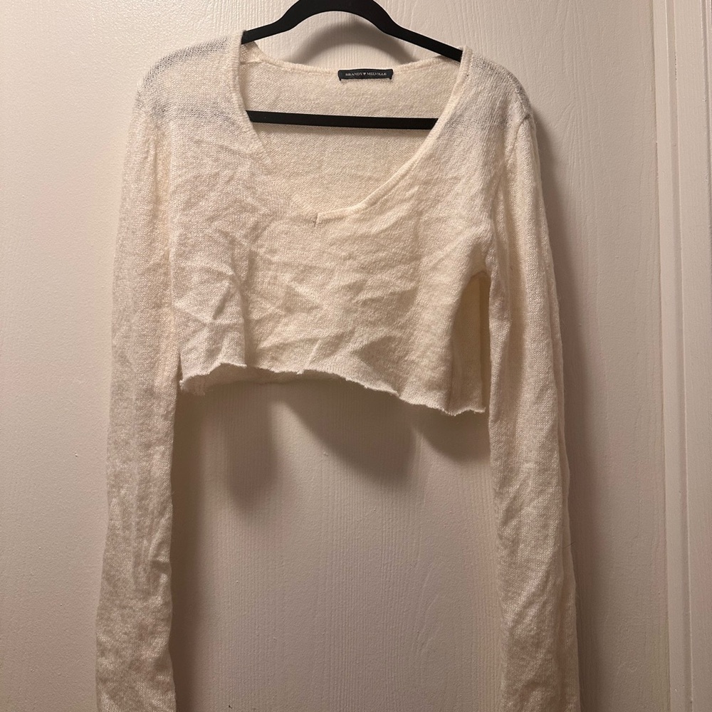 Brandy Melville Cream Cropped Long-Sleeve Knit Sweater - One Size